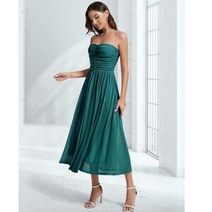 NWT $54 DRESSTELLS Turquoise Strapless Mesh Midi Dress Small Formal Semi Formal